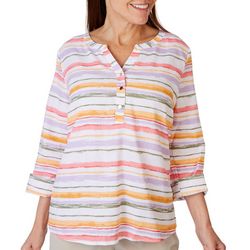 Petite Striped Henley Woven 3/4 Sleeve Top