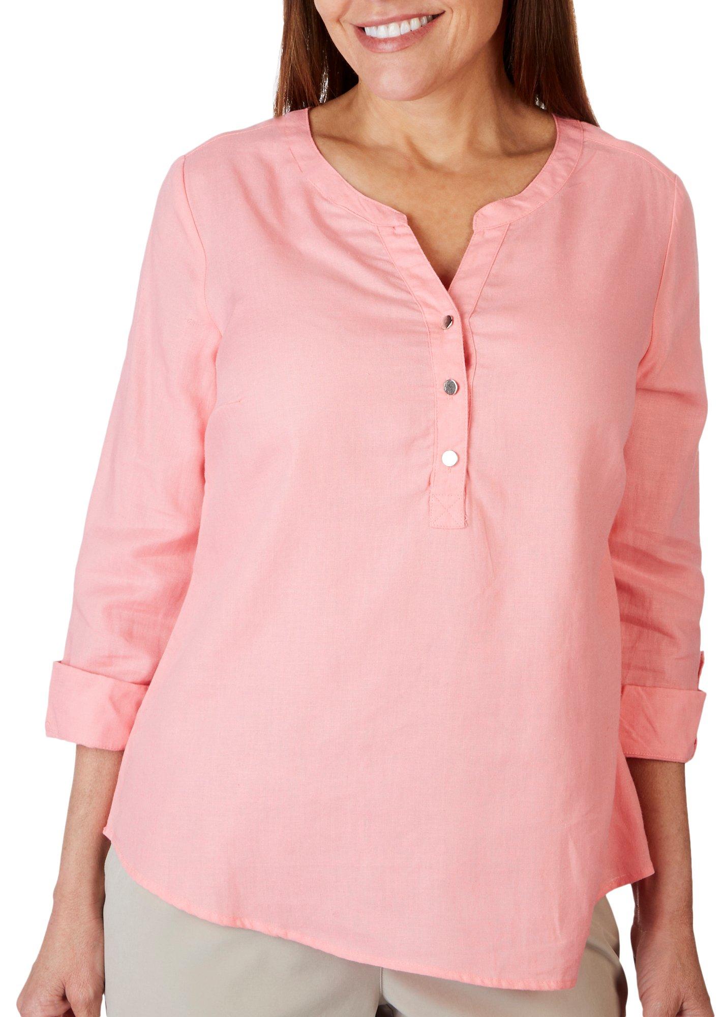 Petite Solid Henley Woven 3/4 Sleeve Top