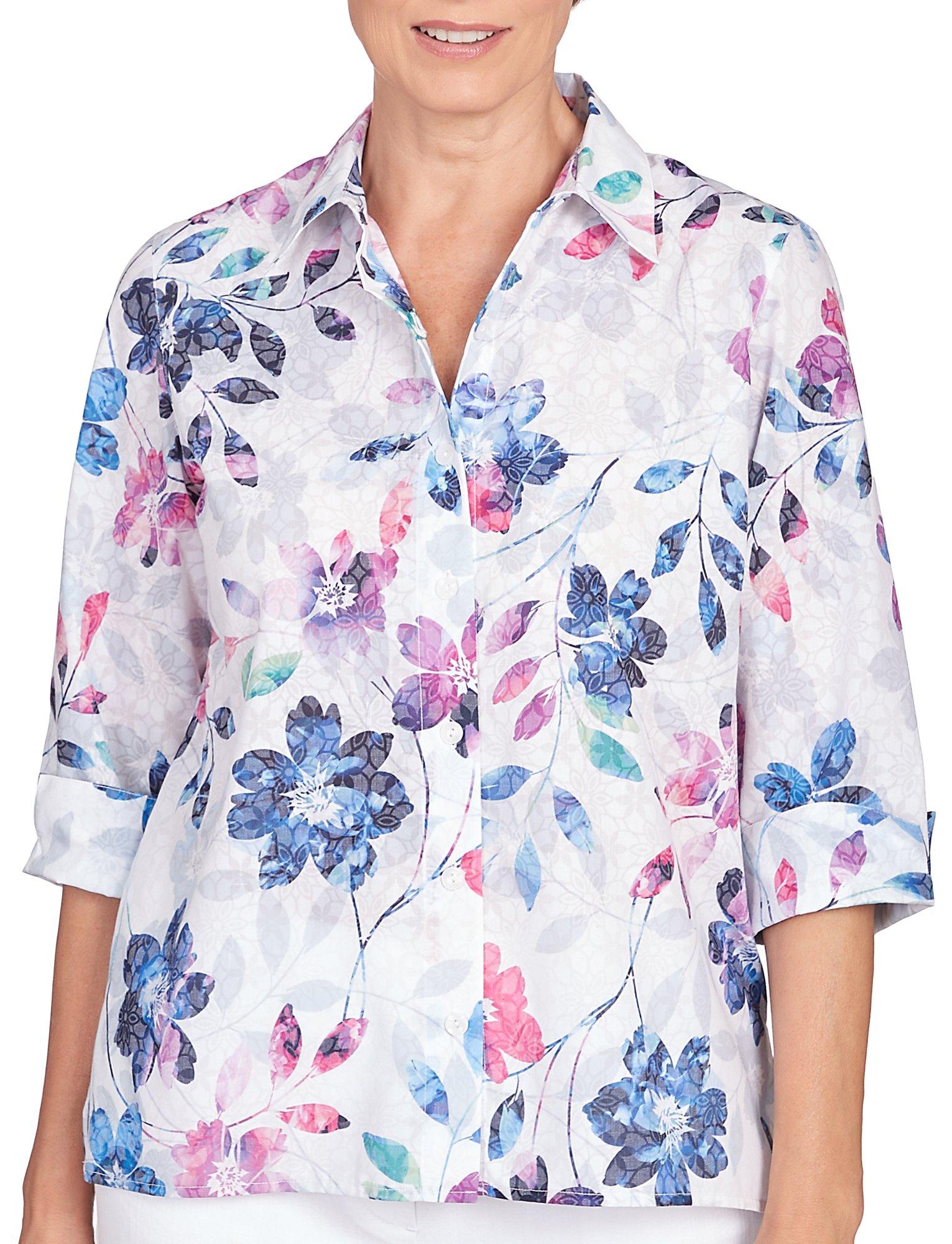 Alfred Dunner Petite Floral Button Down 3/4 Sleeve