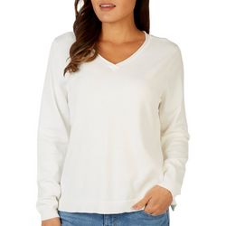 Petite  Solid V-Neck Long Sleeve Sweater