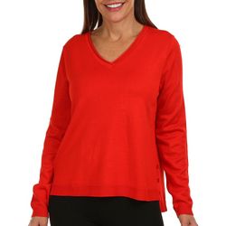 Tint & Shadow Petite Solid Rolled V Neck Long Sleeve Top