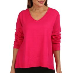 Tint & Shadow Petite Solid Rolled V Neck Long Sleeve Top