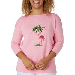 Petite Solid Flamingo Palm Embroidered Sweater