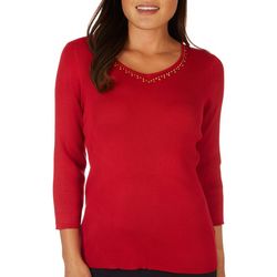 Cable & Gauge Petite Ribbed Embellished Long Sleeve Top