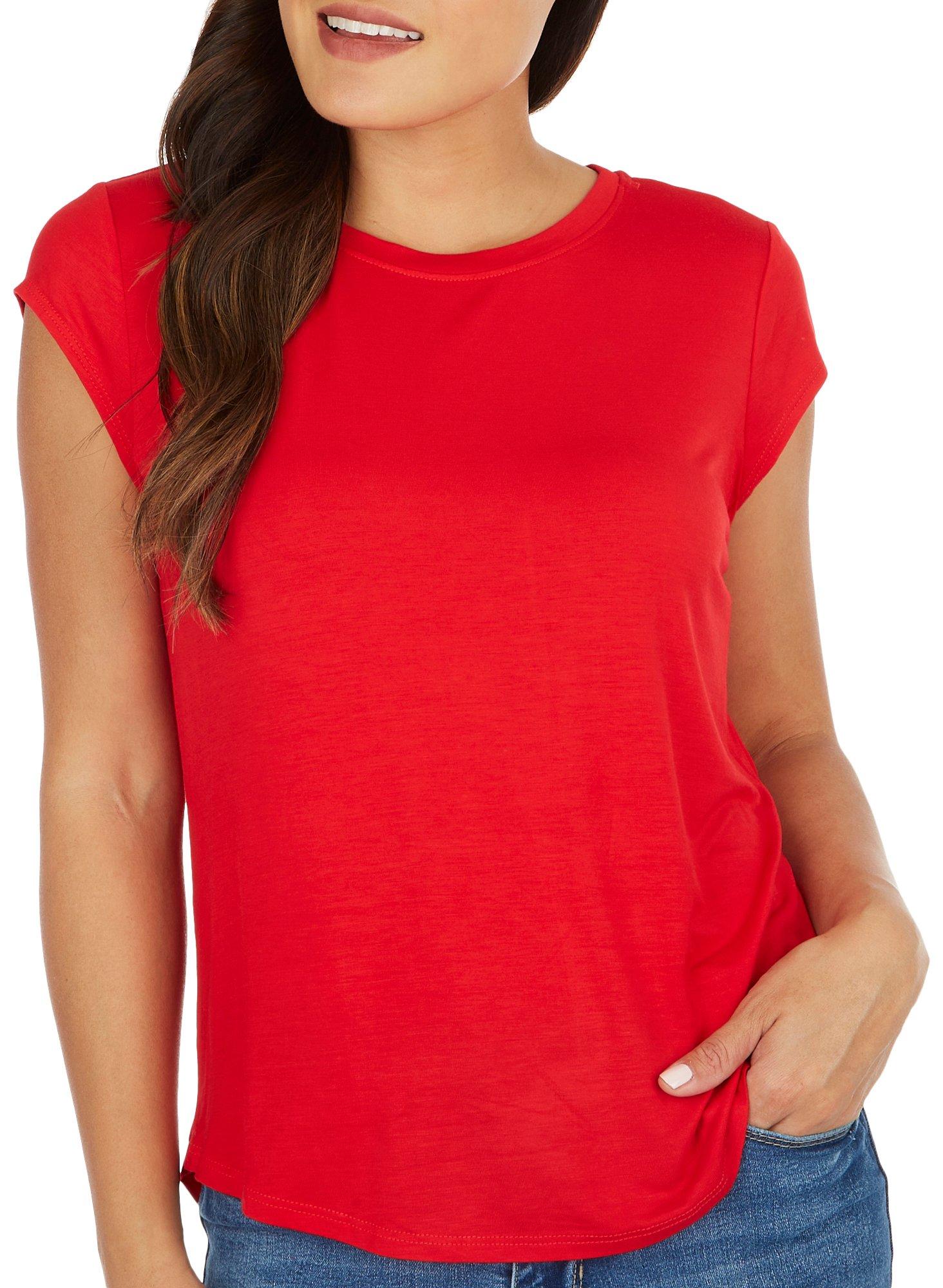 Ava James Petite Solid Round Neck Cap Short Sleeve Top