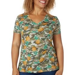 Dept 222 Petite Luxey Pineapple Camo V-Neck Pocket T-Shirt