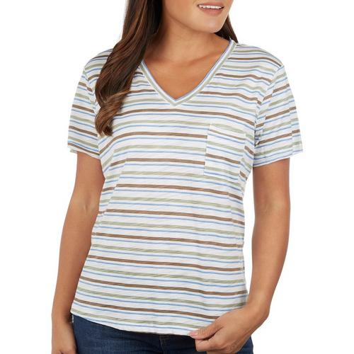 Dept 222 Petite Luxey Striped V-Neck Pocket T-Shirt