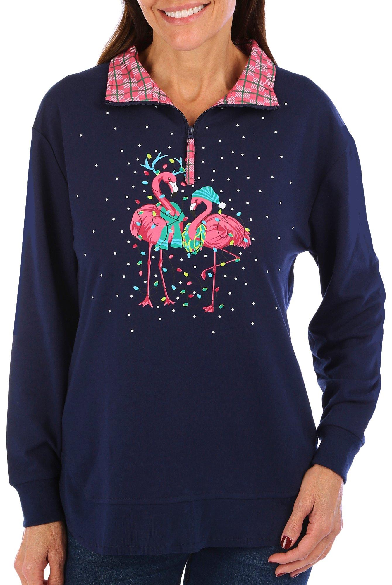 Petite Festive Flamingo 1/4 Zip Mock Neck Long Sleeve Polo