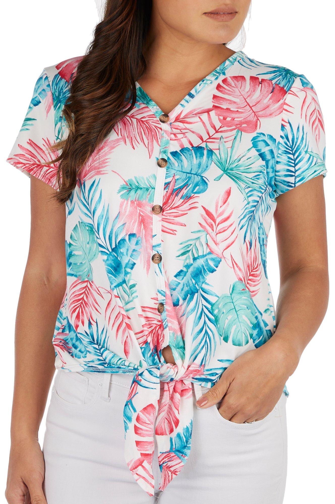 Petite Tropical Tie Front Short Sleeve Top