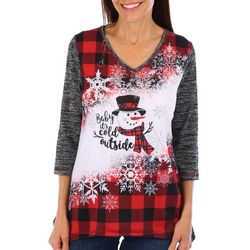 Onque Petite Embellished Gingham Snowman 3/4 Sleeve Top