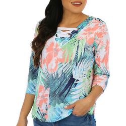 Coral Bay Petite Floral Lace-Up Neckline 3/4 Sleeve Top