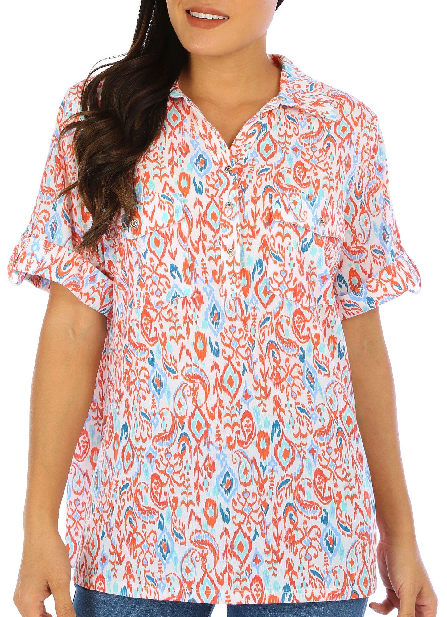 Coral Bay Petite Print Roll Tab Short Sleeve Jersey Polo