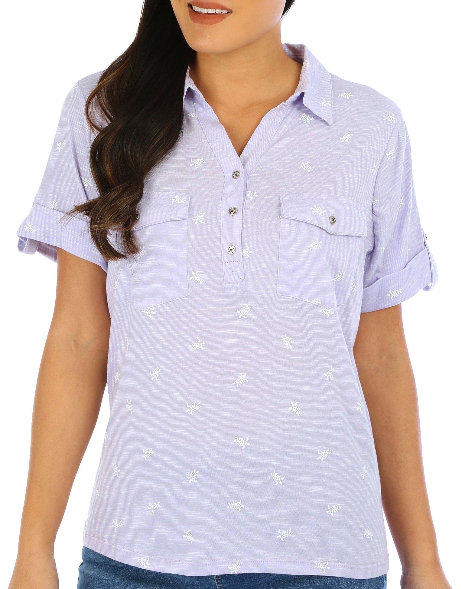 Coral Bay Petite Turtle Print Two-Pocket Short Sleeve Polo