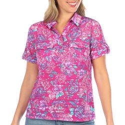 Coral Bay Petite Tropical Floral Print Short Sleeve Polo