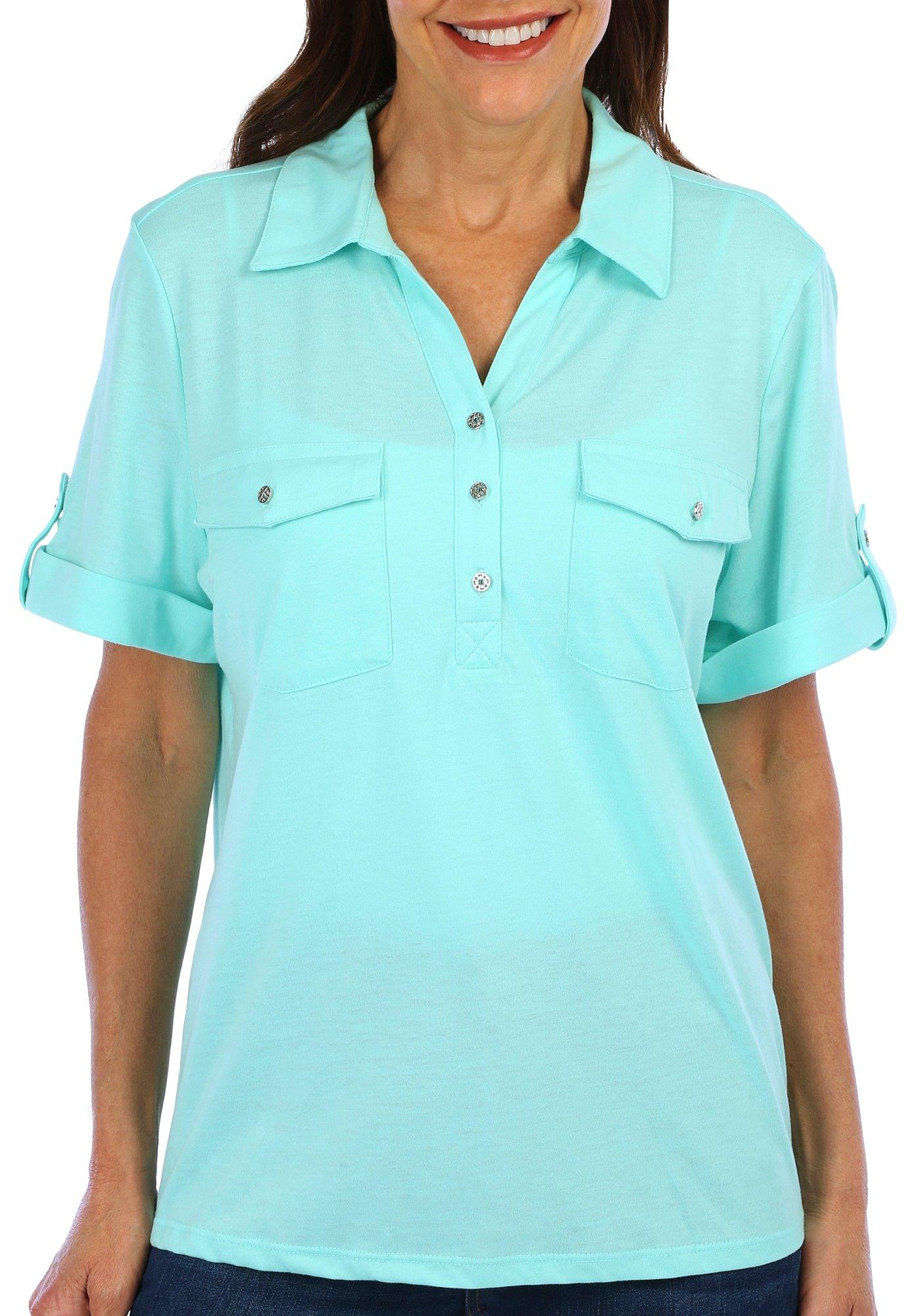 Coral Bay Petite Solid Roll Tab Short Sleeve Jersey Polo