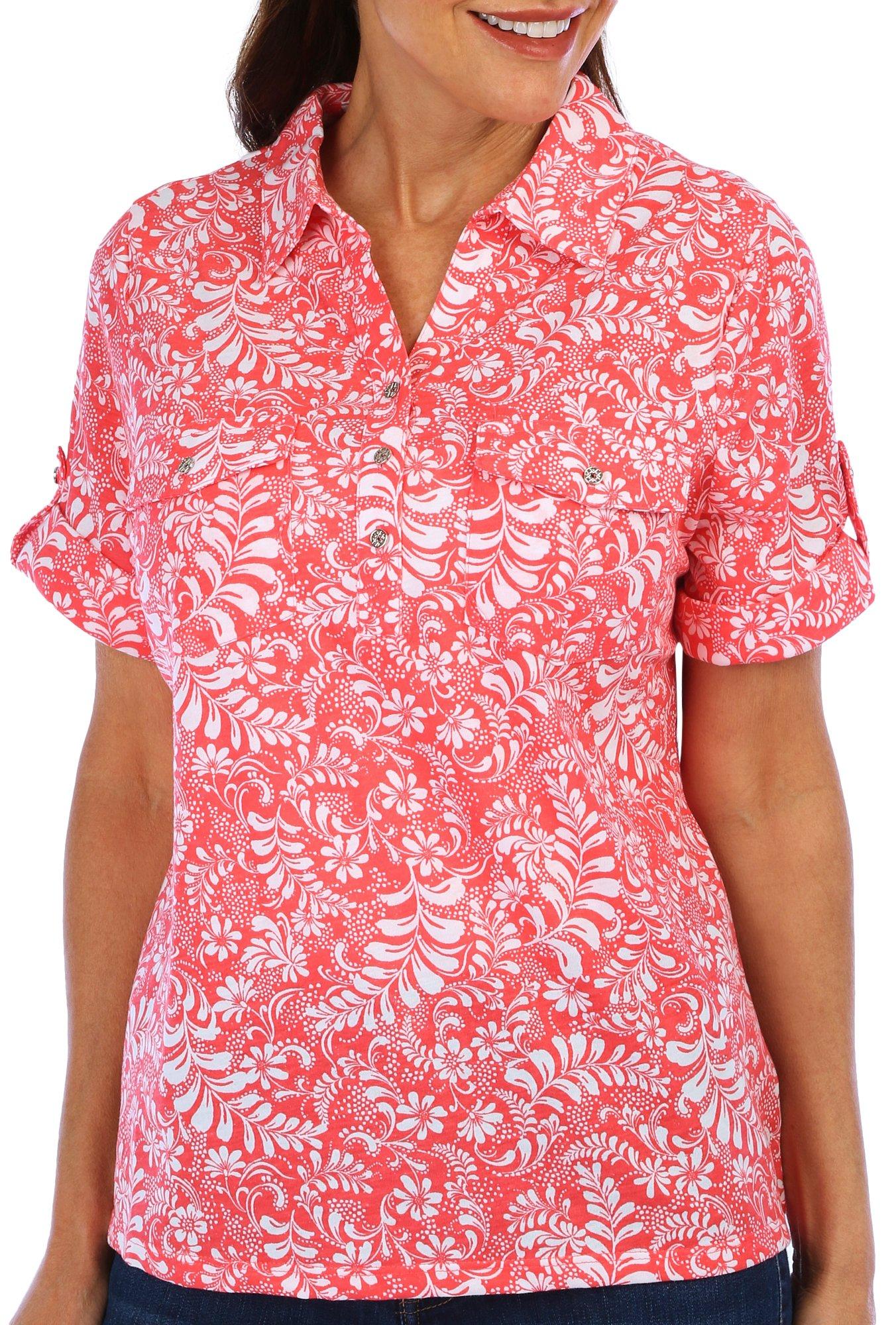 Coral Bay Petite Floral Roll-Tab Short Sleeve Jersey Polo