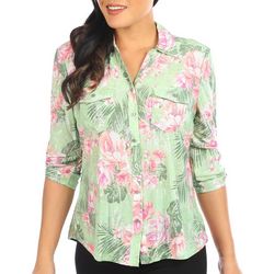 Coral Bay Petite Floral Print Pocket Button 3/4 Sleeve Top