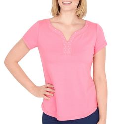 Hearts of Palm Petite Solid Embellished Short Sleeve Top
