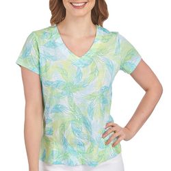 Hearts of Palm Petite Feather V Neck Short Sleeve Top