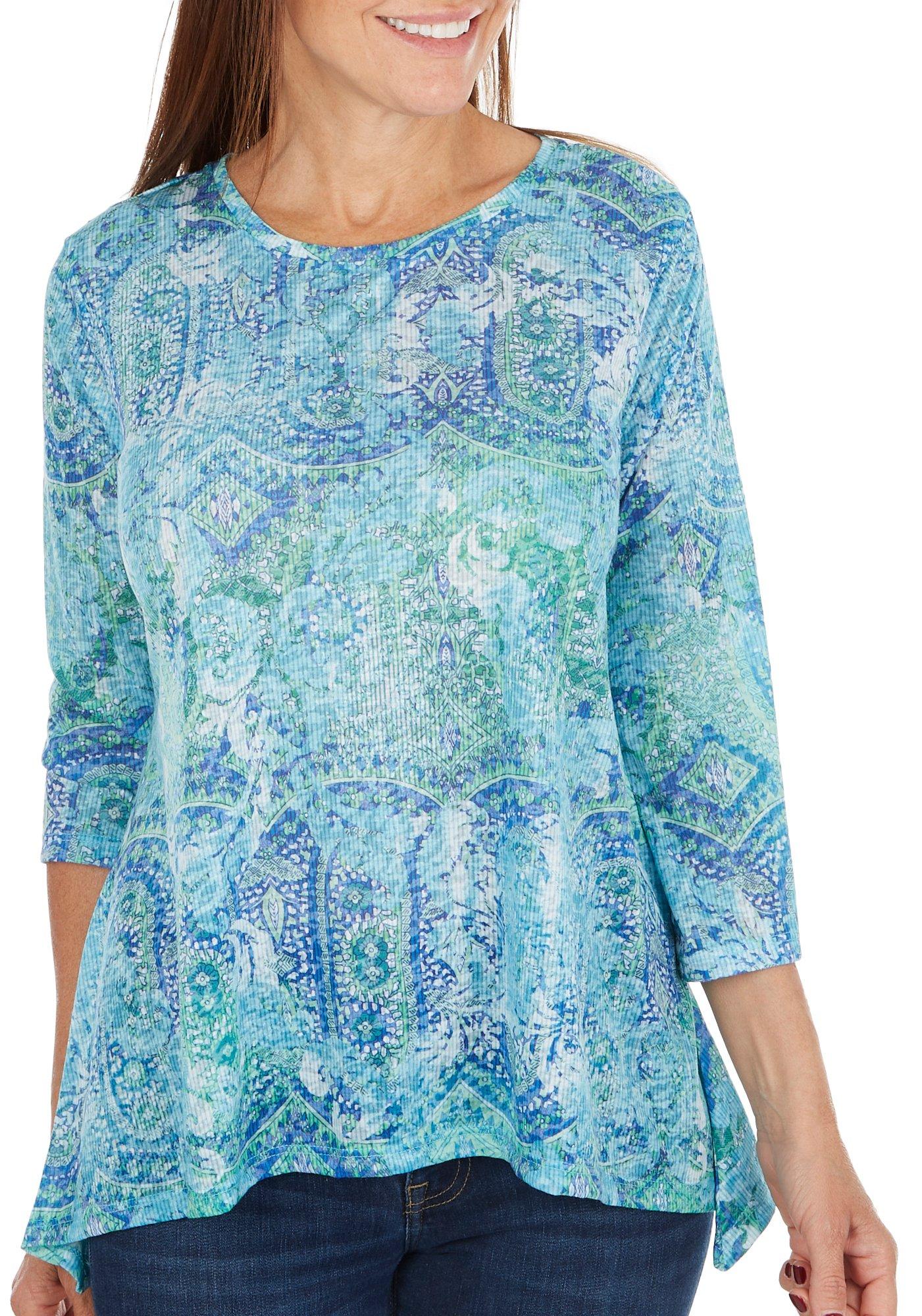 Ruby Road Petite Burnout Print 3/4 Sleeve Shark Bite Top