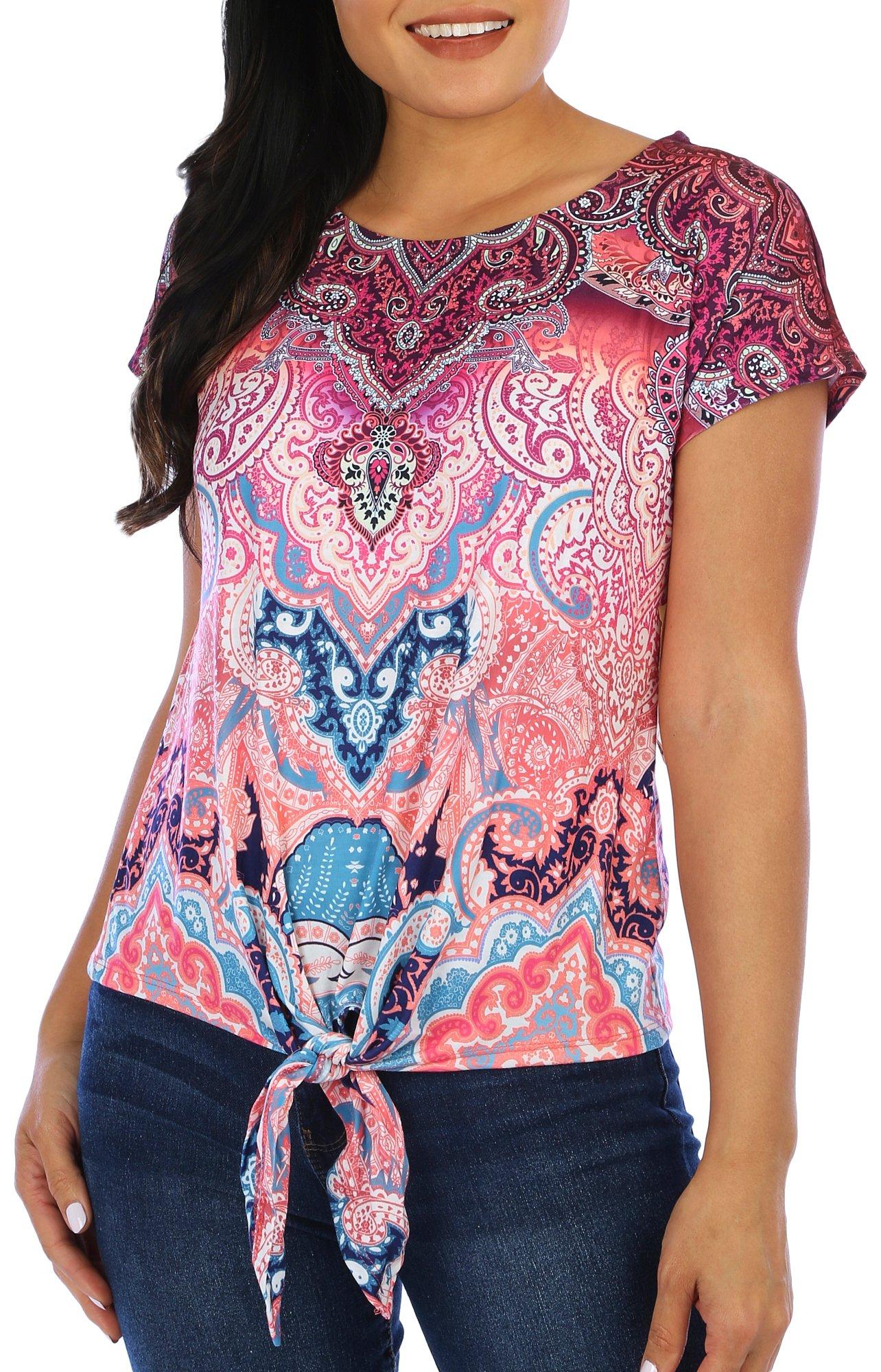 OneWorld Petite Abstract Print Tie Front Short Sleeve Top