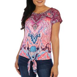 One World Petite Abstract Print Tie Front Short Sleeve Top