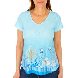 Coral Bay Petite Embellished Under The Sea Short Sleeve Top