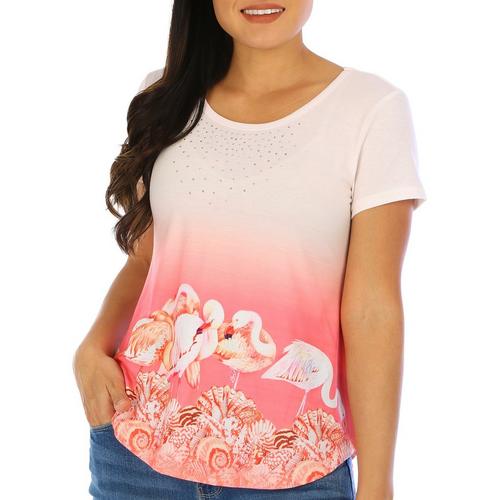 Petite Embellished Flamingo Crew Short Sleeve Top