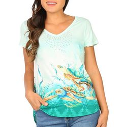 Coral Bay Petite Swimming Turtle Jewelled Short Sleeve Top