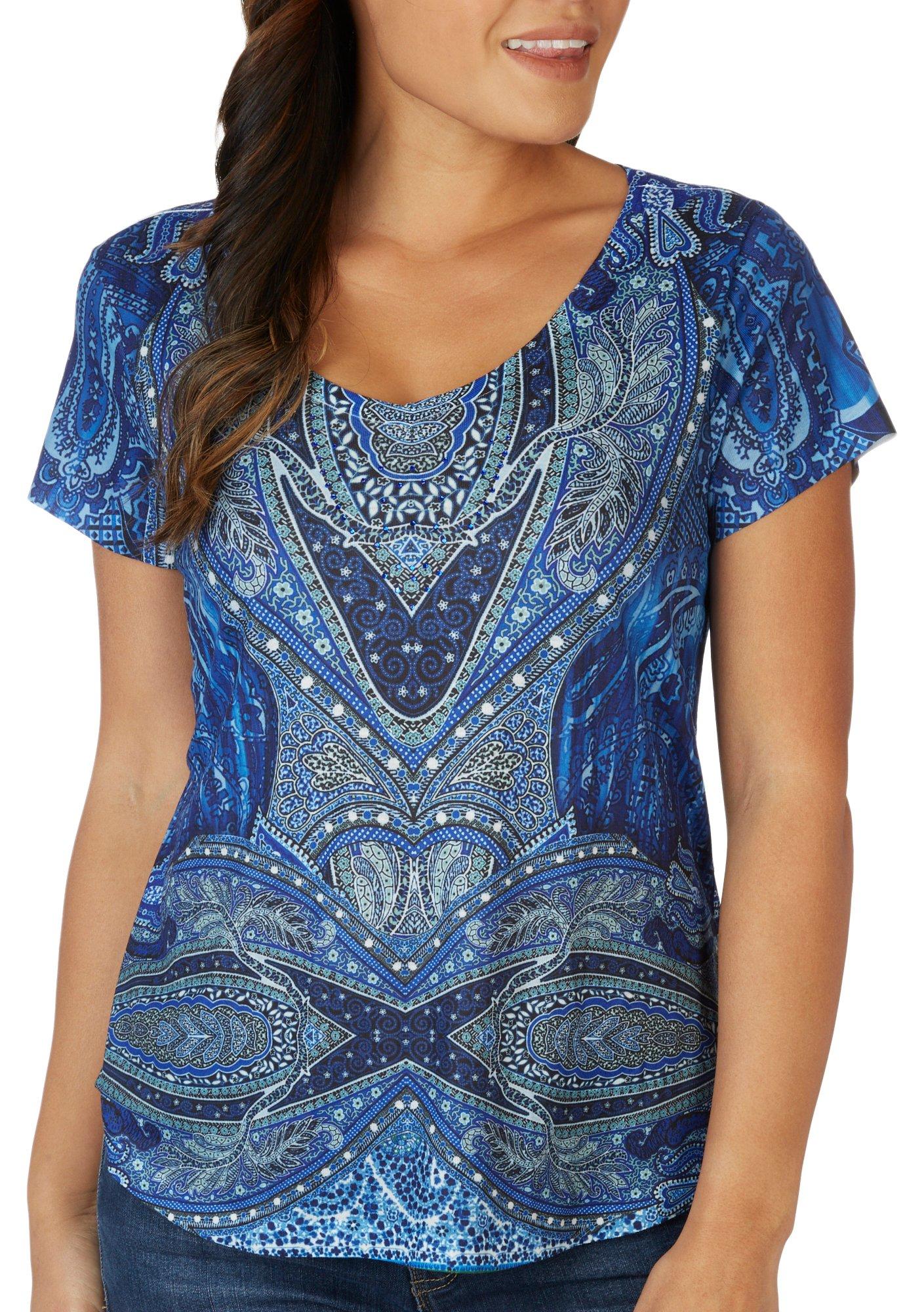 OneWorld Petite Print Embellished Promo Short Sleeve Top