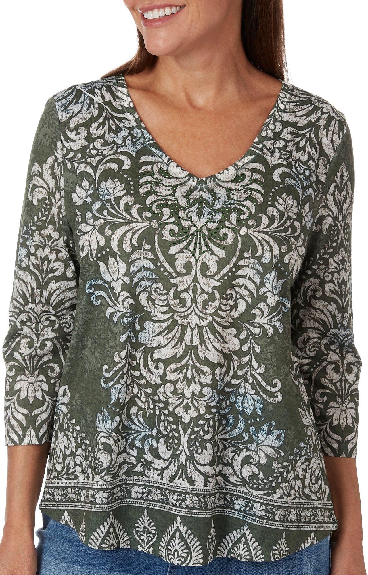 OneWorld Petite 3/4 Sleeve V-Neck Hi-Low Promo Top