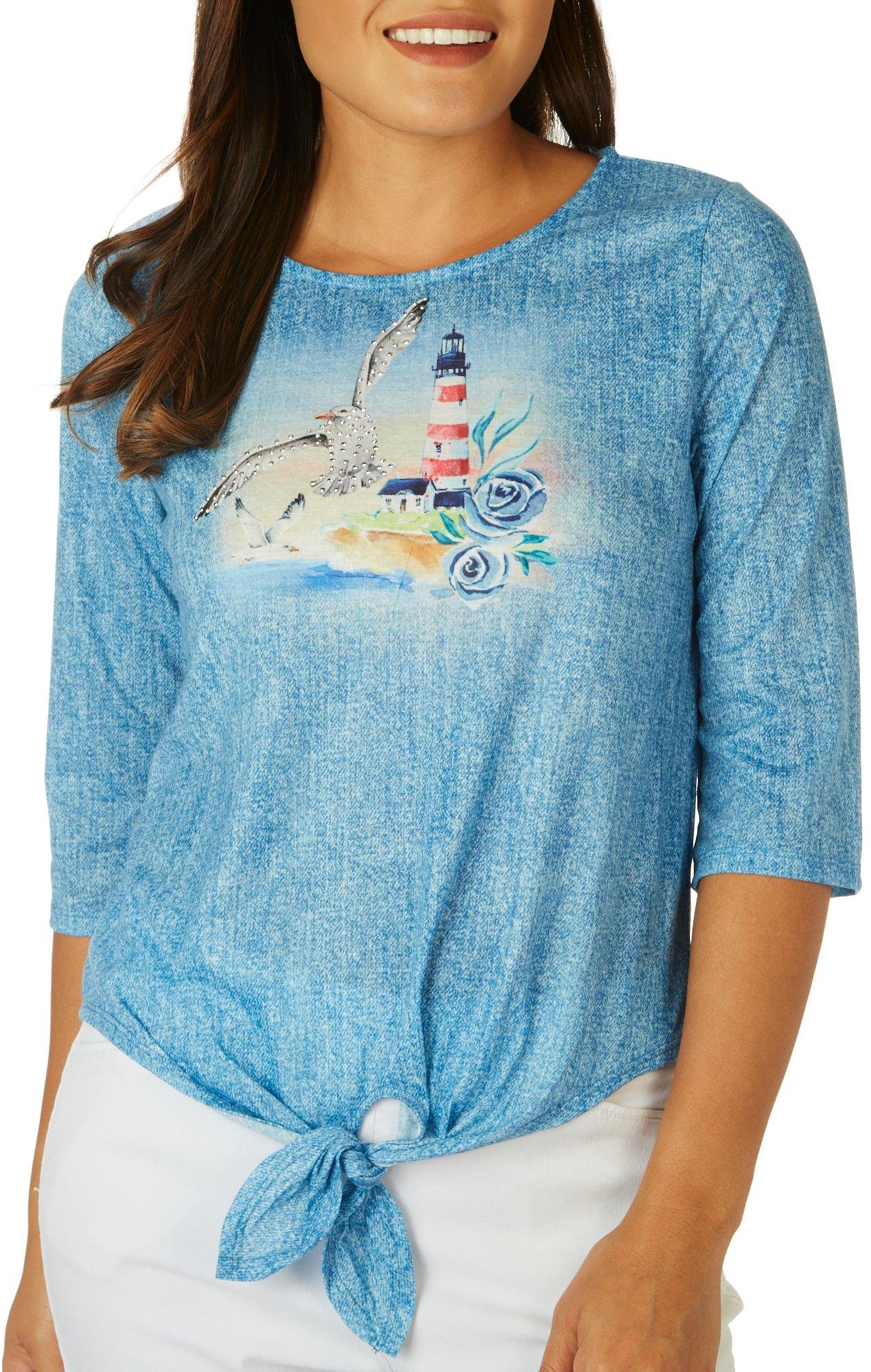 Petite Ocean Flight Embellished Scoop Neck 3/4 Sleeve Top