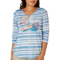 Coral Bay Petite Embellished Sailing Henley 3/4 Sleeve Top