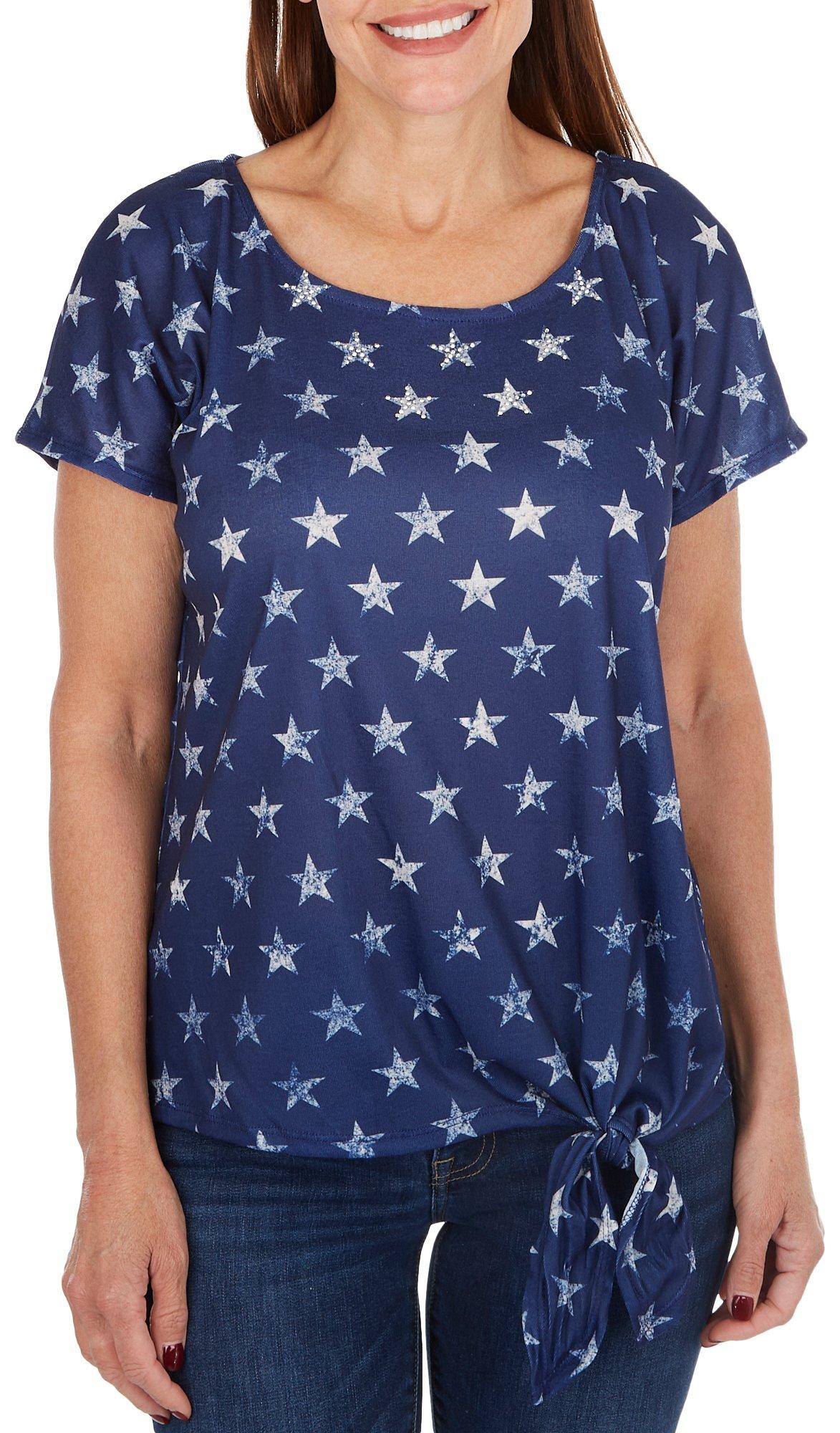 Petite Side Tie Embellished Stars Short Sleeve Top