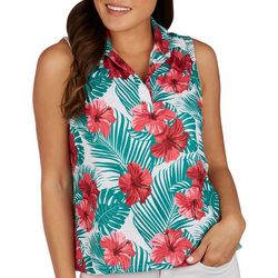 Petite Floral Ribbed Collar Sleeveless Top