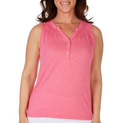 Fresh Petite Solid Knit Smocked Sleeveless Top
