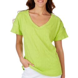 Onque Casual Petite Solid Textured Button Short Sleeve Top