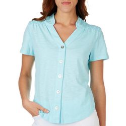 Coral Bay Petite Solid Y-Neck Button Front Short Sleeve Top