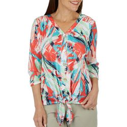 Coral Bay Petite Faux Buttton Tie Front 3/4 Sleeve Top