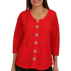 Petite Solid Textured Faux Button 3/4 Sleeve Top