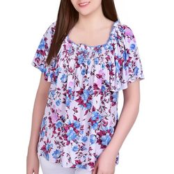 NY Collection Petite Floral Smocked Neck Short Sleeve Top