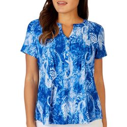 NY Collection Petite Paisley Henley Pleated Short Sleeve Top