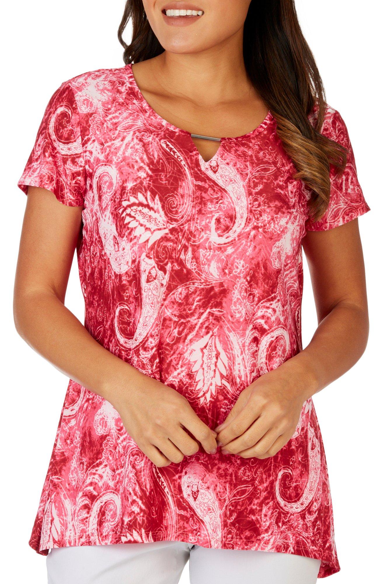 NY Collection Petite Paisley Textured Bar Short Sleeve Top