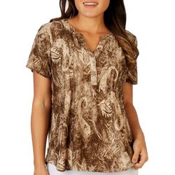 NY Collection Petite Paisley Henley Pleated Short Sleeve Top