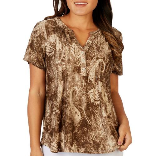 NY Collection Petite Paisley Henley Pleated Short Sleeve