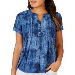 NY Collection Petite Tie Dye Henley Pleated Short Sleeve Top