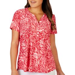 NY Collection Petite Printed Henley Pleated Short Sleeve Top