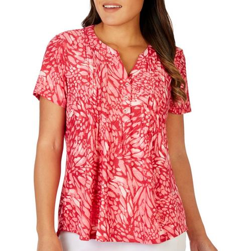 NY Collection Petite Printed Henley Pleated Short Sleeve