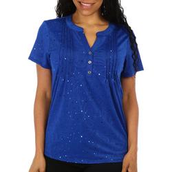Petite Solid Sparkle Henley Short Sleeve Top