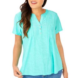 Petite Solid Jacquard Henley Solid Short Sleeve Top